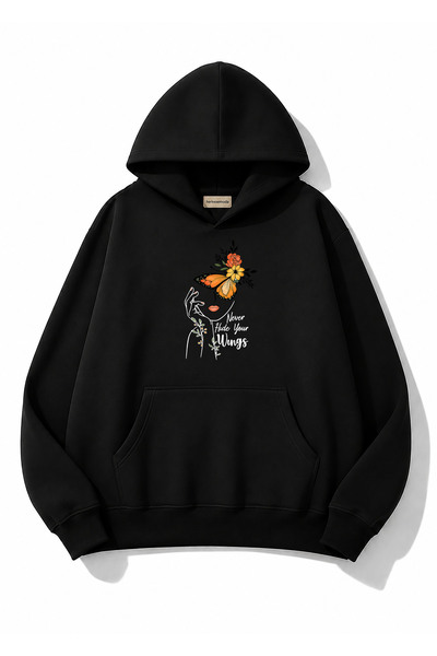 herkesemoda Portrait and Butterfly Printed Hooded 2 Thread Threaded Sweatshirt