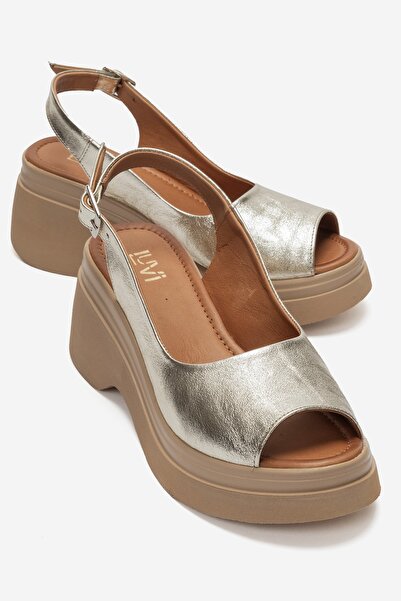 LuviShoes Sandale cu talpă pană din piele naturală LAURE Gold pentru femei