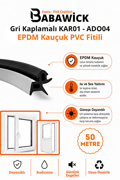 BABAWİCK PAK05 Profesyonel Yağlı Saf Kauçuk PVC Kapı Pencere Fitili 50 Mt Gri...
