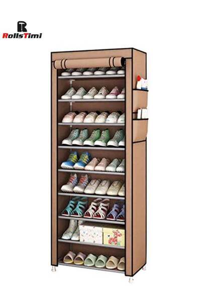 RollsTimi 10-Layer Fabric Shoe Rack With Dust Cover , Brown