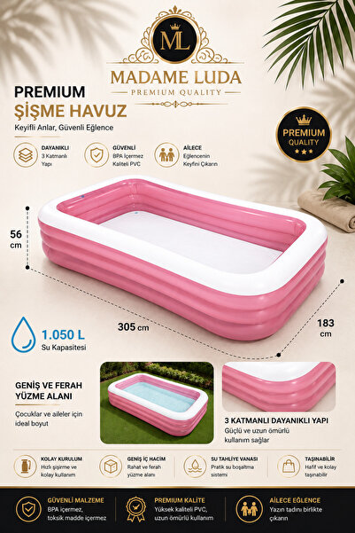 MADAME LUDA Premium Çocuk Aile Parti Şişme Büyük Havuz 305 x 183 x 56 cm – 10...
