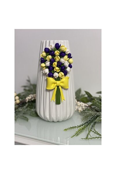 OEM Vază ceramică decorată manual cu un buchet de flori mov, albe și galbene ...