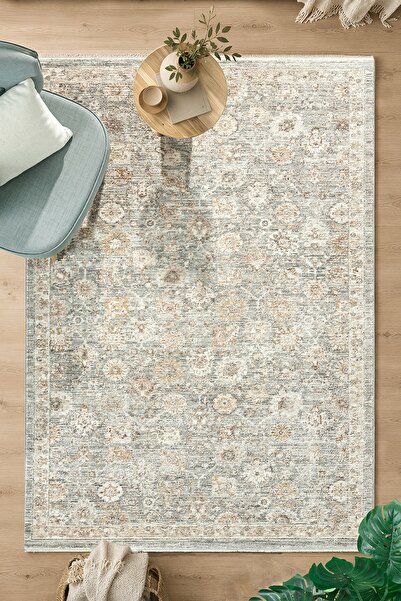 Eliz Home Eskitme Vintage Çiçekli Halı Krem Mavi Bambu Polyester Oturma Odası...