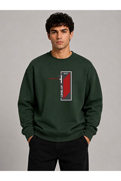 herkesemoda Level up Pattern Printed Crew Neck 2 Thread Sweatshirt
