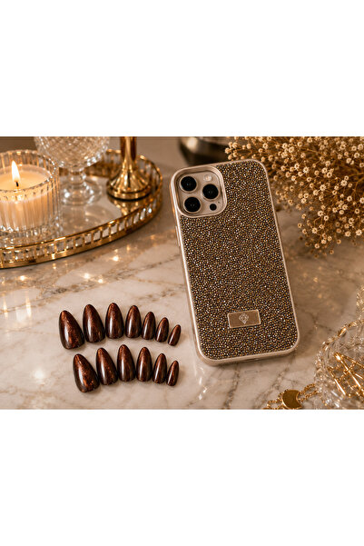 Premium Cat Eye Nude Press-On Nails & Iphone Uyumlu Premium Kristal Taşlı Telefon Kılıfı