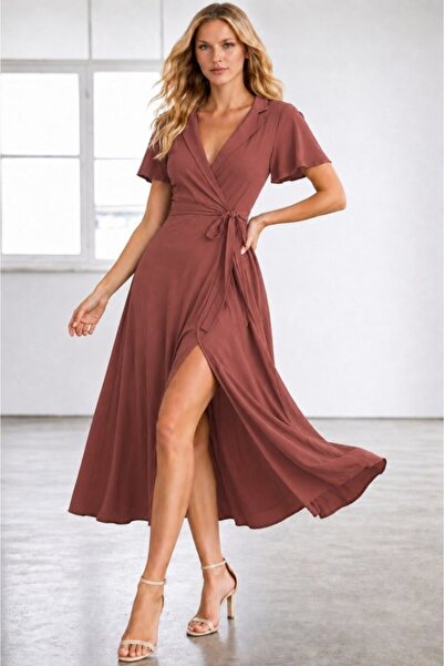 pazarella Women's short sleeve double-breasted collar waist belted slit midi ...