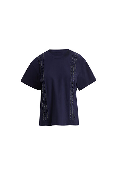 GİZİA Ön Şerit Aksesuarlı Kısakollu Lacivert T-shirt
