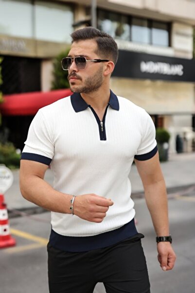 pazarella Men's Collar and Sleeve Detailed Zipper Collar Stripe Pattern Short...