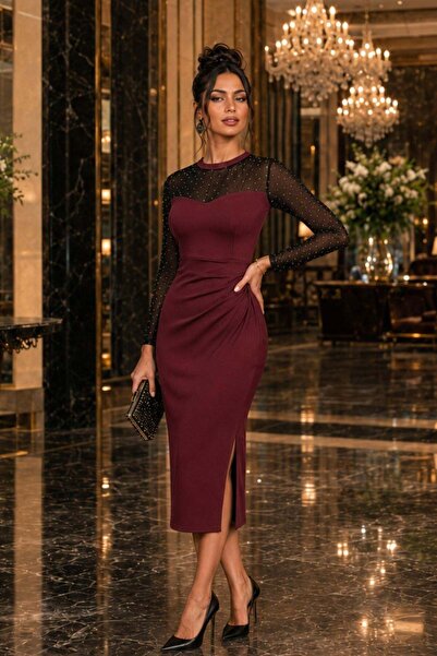 Mossta Long Sleeve Stoned Tulle Detailed Midi Crepe Dress - Burgundy