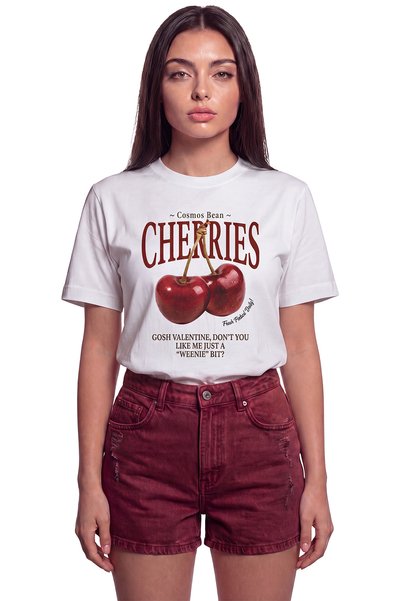 Color Luxe Women's Cherries Cherry Printed Relaxed Fit T-Shirt White