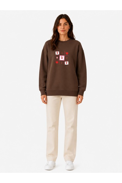 herkesemoda Sweatshirt sa podignutim detaljima i printom srca, dvonitni, okru...