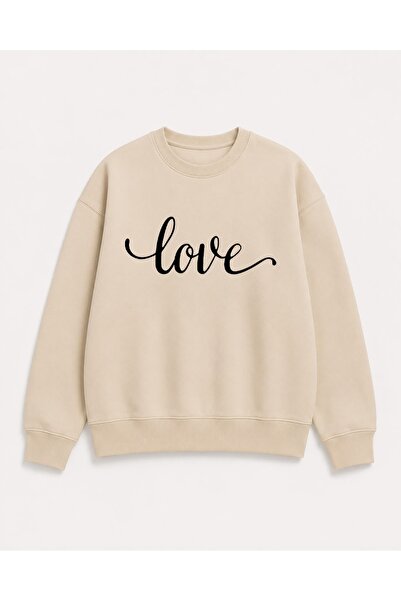 herkesemoda Love Text Print Detailed Embroidered 2 Thread Crew Neck Sweatshirt