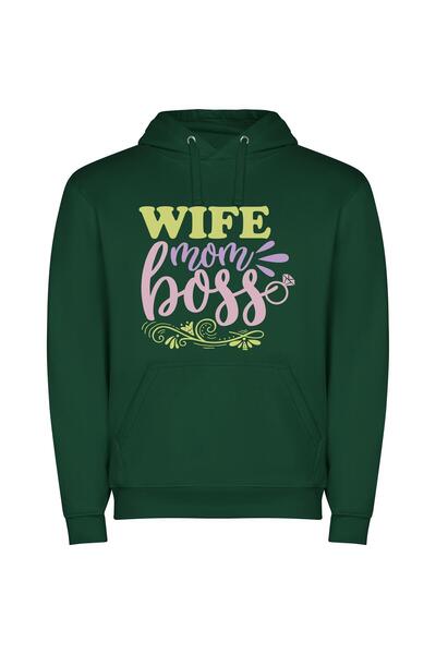 iLovePrints Wife, Mama, Boss Babe Φούτερ με κουκούλα σε χρώμα Πράσινο