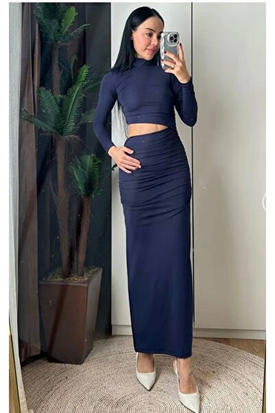 MAESTRO WOMAN Women's Navy Blue Draped Slit Detail Cut Out Long Dress