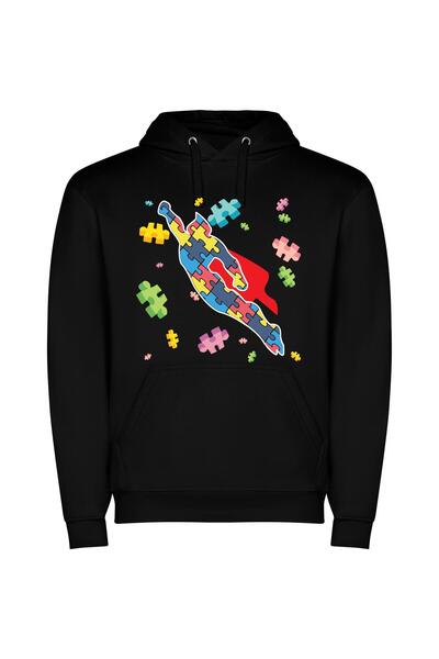 iLovePrints Colorful Puzzle Hero's Flight Φούτερ με κουκούλα σε χρώμα Μαύρο