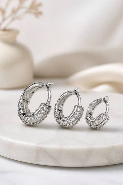 LYKOS Silver Color Zircon Stone Curved Brass Hoop Earring Set - Thick Formed ...