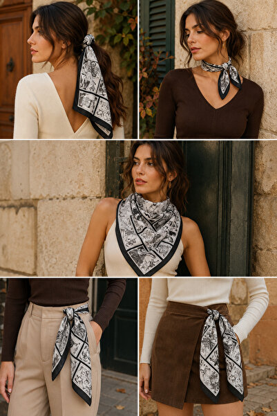 Luminos Butik Women's Black Postcard Patterned Cotton 70X70 Scarf Flr6033