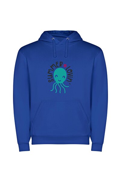 iLovePrints Summer's Floral Octopus Bliss Φούτερ με κουκούλα σε χρώμα Μπλε