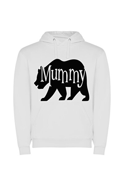 iLovePrints Mummy Bear: Elegant Monochrome Φούτερ με κουκούλα σε χρώμα Λευκό