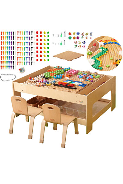 Masterkidz Masă educativă din lemn + ACCESORII STEM PENTRU PERETE + 135 Blocuri