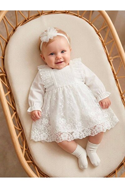 Bebila Baby Baby Girl Mevlütlük Dress with Bandana and Lace Newborn 100% Cott...