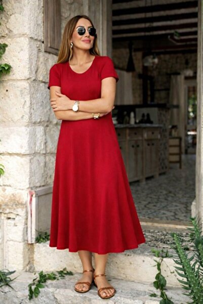 UFC 1985 TOP BRAND Women's Short Sleeve V-Neck Slit Midi Viscose Dress