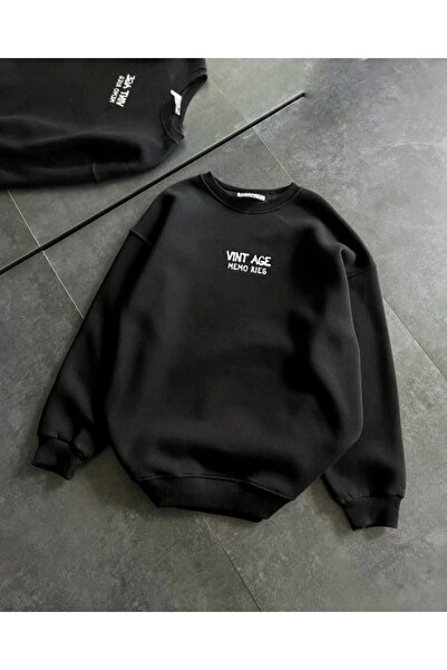 oniks store Crew Neck Three Thread Printed Oversize Sweatshirt - Black