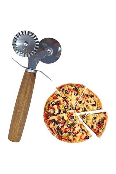 Ufak Tefek Şeyler Wooden Handle Stainless Steel Double-Sided Dough and Pizza Cutting Wheel with Flat and Serrated Blades