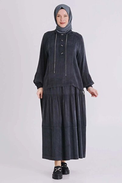 ottoman wear Behrem Büyük Beden Tesettür Etekli Takım Siyah OTW38003