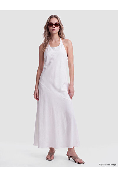 LC Waikiki White Halter Neck A-Line Jean Dress