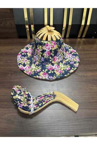 Küçük Mutluluklar Çiçek Desenli Bambu Ahşap Şapkalı Yelpaze Şapka