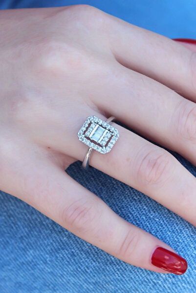 ARMÜZ Silver Color Baguette Zircon Stone Women's Ring