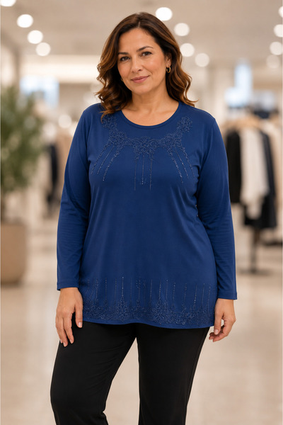 öztekstilMK Wide Size Viscose Stone and Embroidered Mother's Combed Cotton Bl...