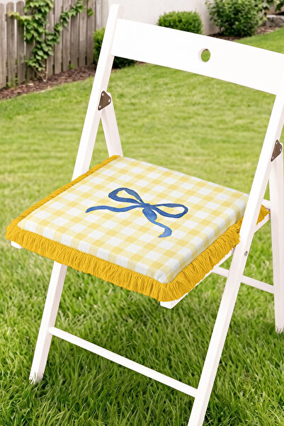 Realhomes Blue Bow Figured Checkered Patterned Fringed Zippered Chair Cushion...