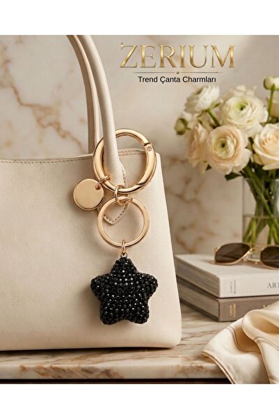 ZERİUM Trendy Bag Charm and Ornament Keychain with Crystal Stones and Star Fi...