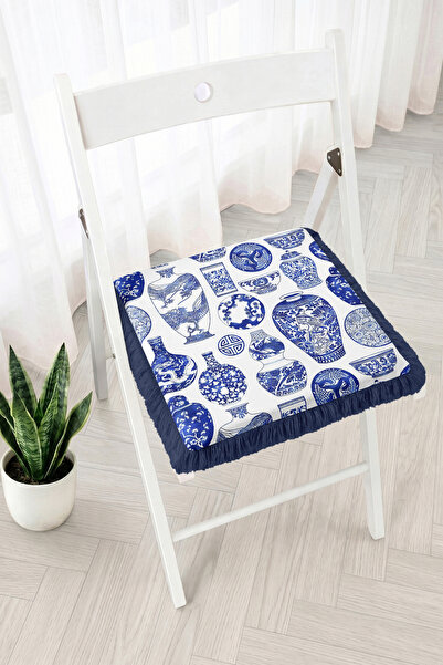 Realhomes Blue and White Tile Vase and Plate Patterned Fringed Zippered Chair...