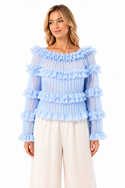 Generic Brand Imported Boat Neck Ruffle Detailed Pleated Chiffon Blouse