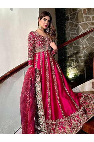 MYSMAR Pink Chinon Silk Embroidered Gown Set - HRT7560 | Pink-Size:XL-42-Inches