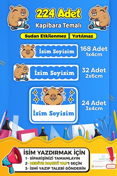 SB store Okul Kreş Kişiye Özel isim Etiket Seti Kapibara Temalı - Model 757