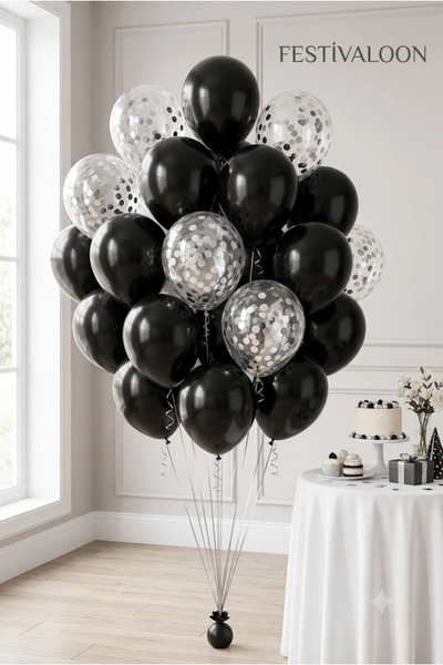 FESTİVALOON 20’li Siyah Gümüş Konfetili Şeffaf Balon Seti 11 İnç Doğum Günü O...