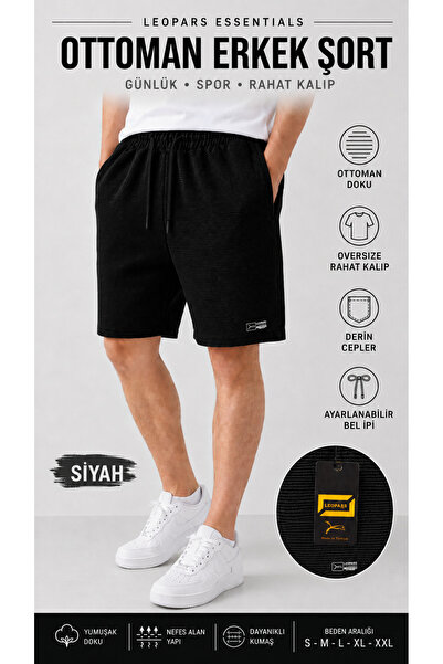 Leopars Men's Black Ottoman Fabric Shorts Oversize Comfortable Fit Textured F...