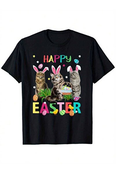4CR Cute Three Maine Coon Cats Wear Bunny Ears Happy Easter Day T-Shirt|, Cas...