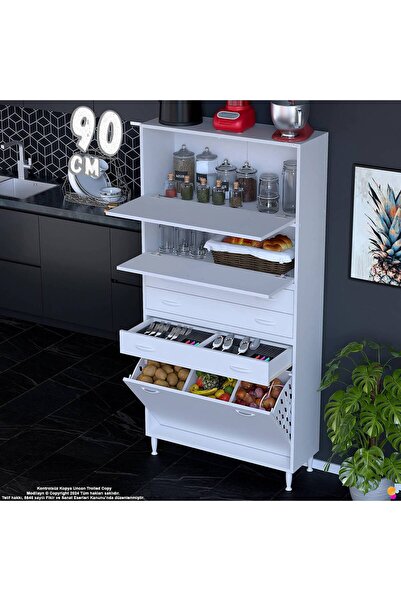 Eliusta Yaren 90 cm Erzak Dolabı 2 Kapaklı 3 Çekmeceli Sepetli Çok Amaçlı Mut...