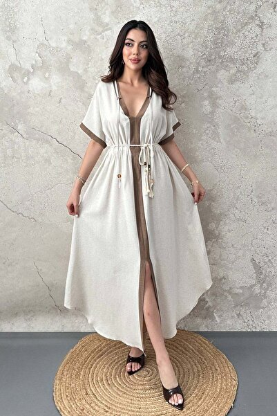 Moda Days Women's Beige Maxi V-Neck Belted Short Sleeve Flared Woven Dress