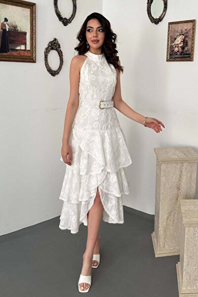 Moda Days Women's White Halter Neck Floral Embroidered Belted Layered Flounce...