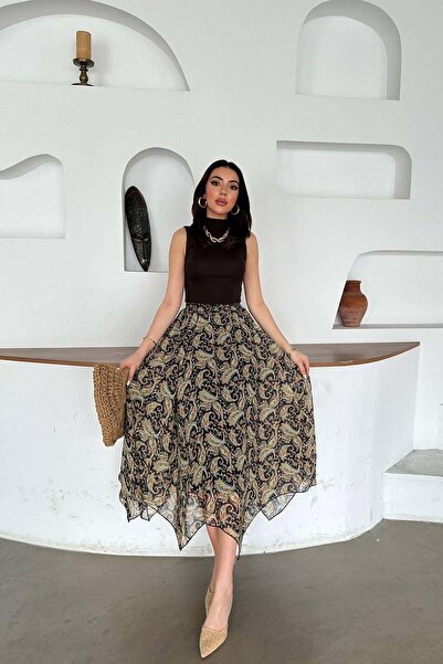Moda Days تنورة ماكسي نسائية من الشيفون المزخرف باللون الأزرق الداكن مع بطانة...