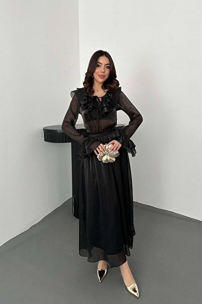 Clothes Fast طقم تنورة نسائية باللون الأسود مع ياقة مكشكشة وأكمام طويلة وخصر ...