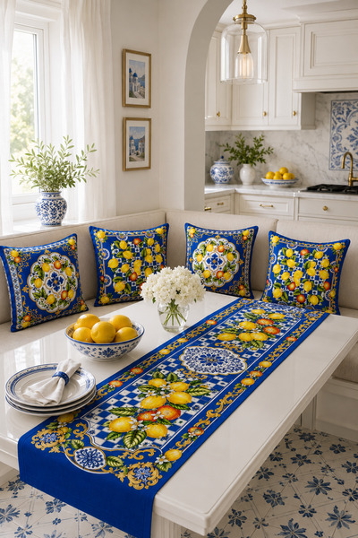 HOMESSA Blue Ceramic Lemon Mediterranean Patterned Runner and Set of 4 Throw ...