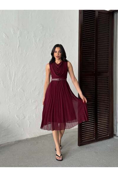 Clothes Fast Women's Burgundy - Bordo Belted Collar Pleated Chiffon Maxi Leng...