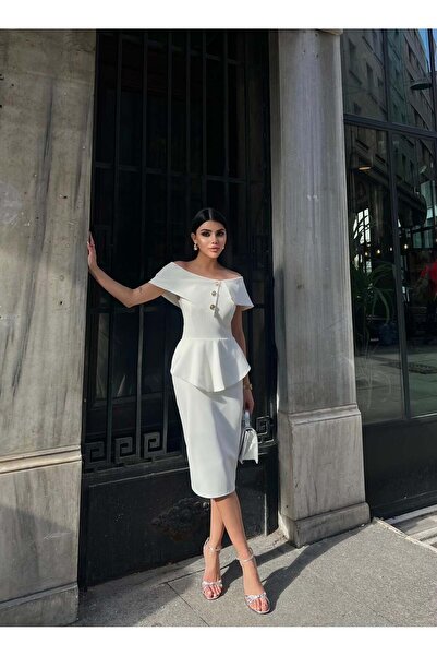 Moda Days فستان نسائي أبيض اللون من الساتان بطول متوسط مع ياقة كارمن وتفاصيل ...
